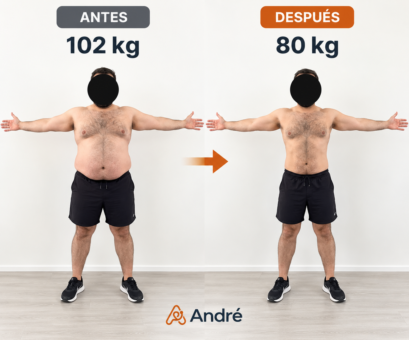 Comparativa antes y después: de 102 kg a 80 kg con seguimiento en André