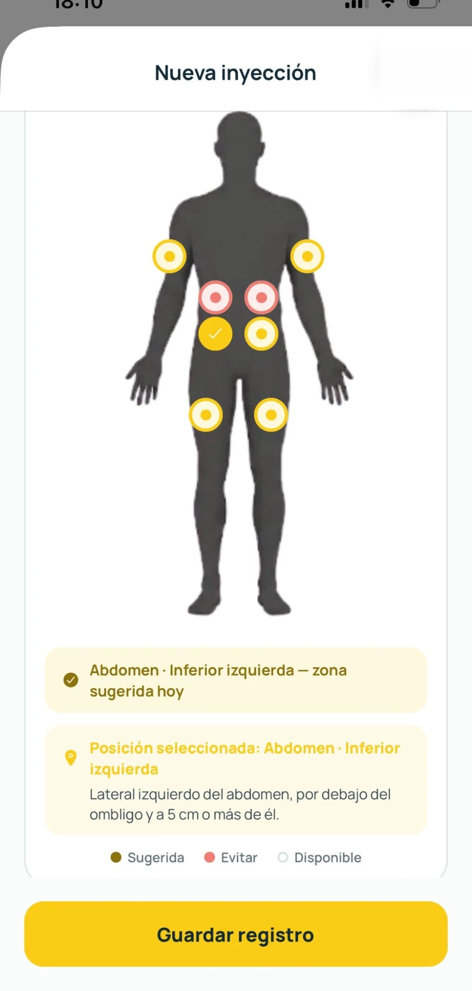 Mapa corporal interactivo para registrar la zona de inyección