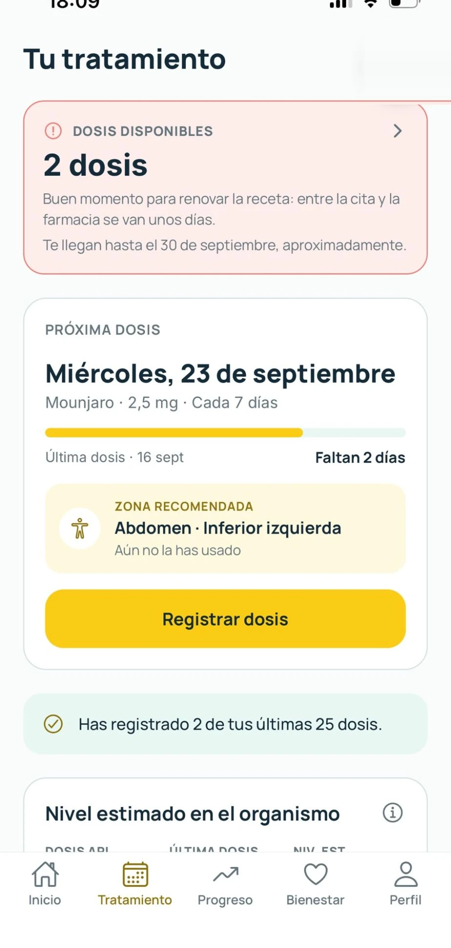 Pantalla de tratamiento de André: próxima dosis, zona recomendada y botón de registro